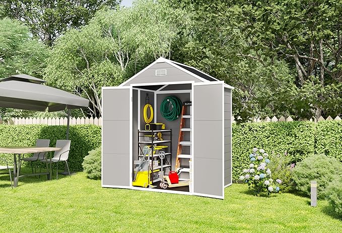 6x5 FT Resin Storage Shed,Garden House with Floor & Lockable Door,Waterproof Plastic Tool Sheds W/Slanting Roof Visual Window & Air Vents for Bicycles,Lawnmowers,Lawn,All Weather Use,Gray