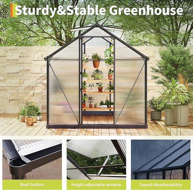 Greenhouses for Outdoors, Polycarbonate Greenhouse with Quick Setup Structure & Roof Vent, Heavy Duty Frame Walk-in Green Houses for Outside Garden Backyard
