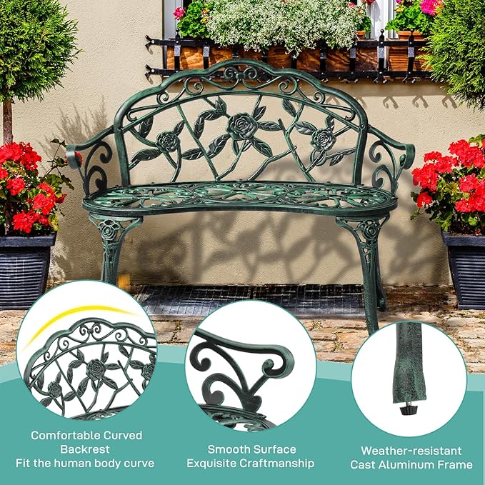 VINGLI 38.5" Patio Park Garden Outdoor Metal Rose Bench,Cast Iron Cast Aluminium Frame Antique Finish Chair,Accented Lawn Front Porch Path Yard Decor Deck Furniture for 2 Person Seat（Green&Black