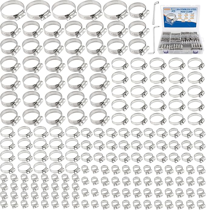 200 PCS Hose Clamp Assortment Kit 304 Stainless Steel Hose Clamps Adjustable 1/4"-2"(6-51mm) Worm Gear Clamps for Fuel Line, Plumbing, Automotive, Pipe, Radiator, Garden