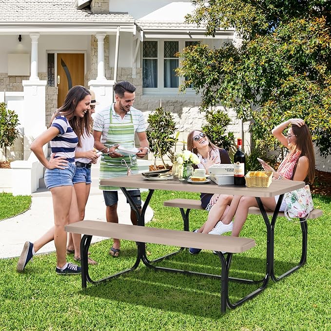 Moccha Picnic Table Bench Set, Portable Plastic Picnic Table w/Steel Frame & Wood-Like Texture, All Weather Heavy Duty Picnic Table Kit, Picnic Tables for Outdoors Garden Patio Dining (Light Brown)