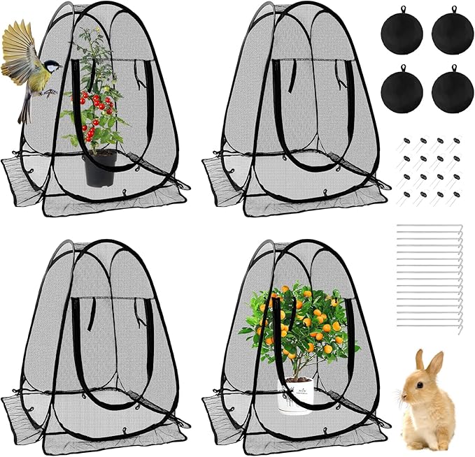 4 Pack Pop-Up Mesh Plant Protectors - 28x28x34 Inch Plant Cover Net Each Set with 8 Stakes (with Washers) & 1 Carry Bag to Protect Vegetables, Fruits, Flowers
