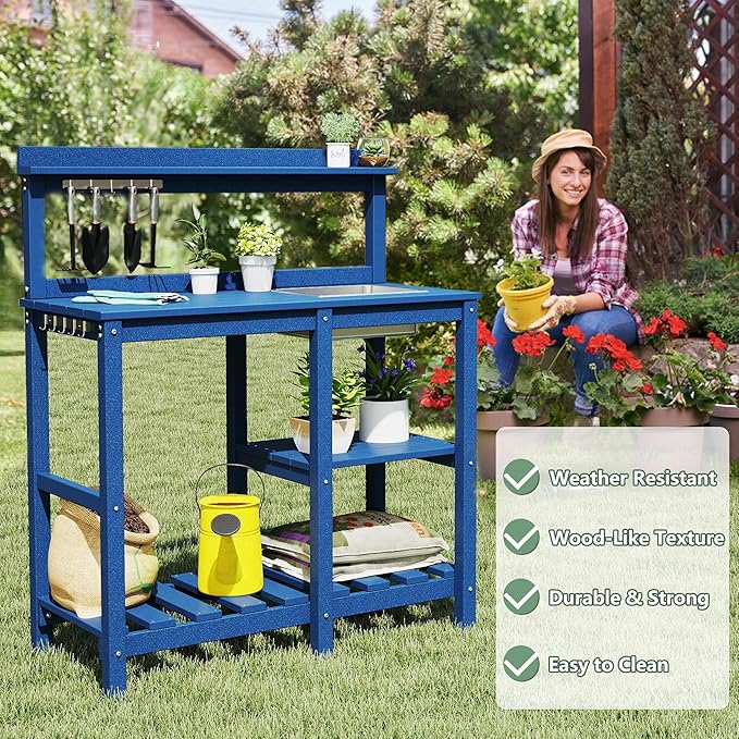 FOOWIN Potting Bench, HDPE Outdoor Potting Table with Sink, All-Weather Potting Benches for Outside, Gardening Table with Storage Shelf, Hook, for Garden, Patio, Lawns, Navy Blue