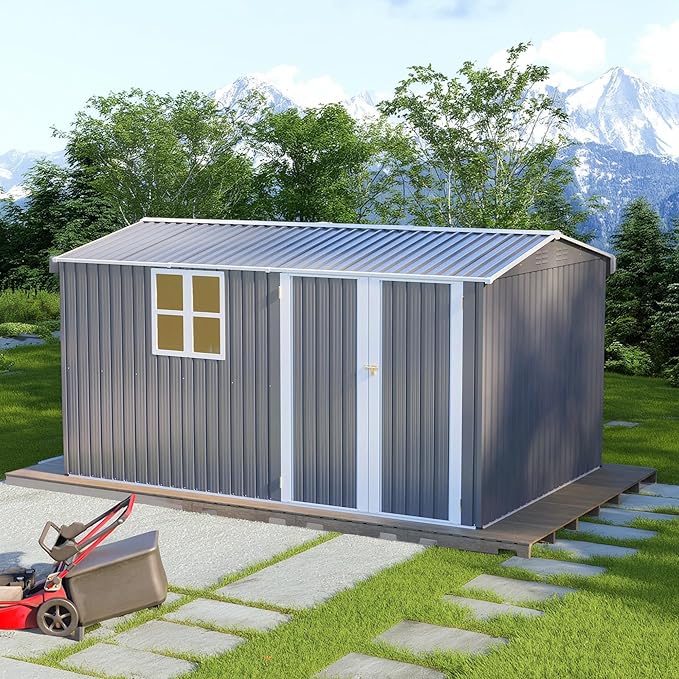 8x12 FT Large Metal Outdoor Storage Shed with Transparent Window, Outdoor Shed w/Floor Fram and Lockable Door, Tool Storage Cabinet for Backyard Garden Patio Lawn, Gray