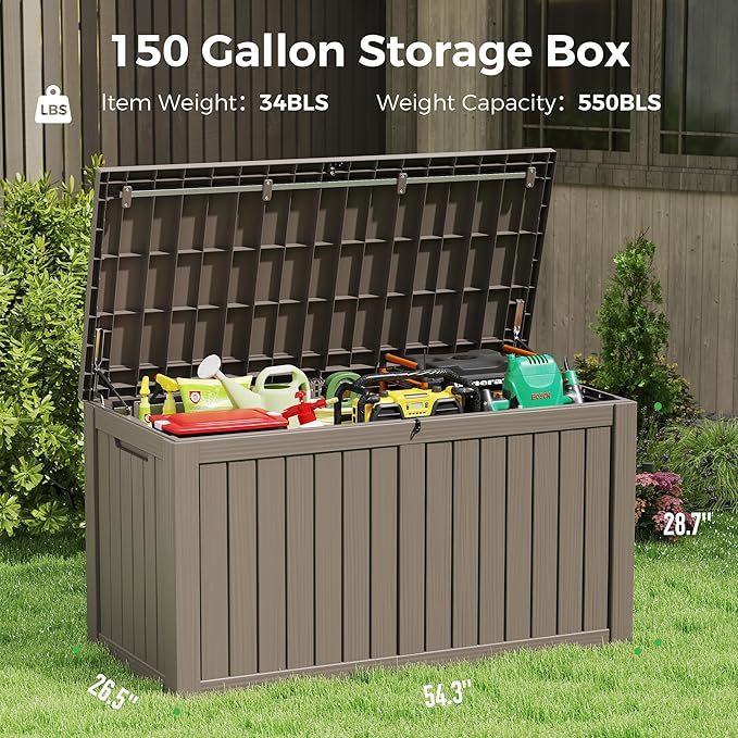 150 Gallon Resin Deck Box, Large Indoor and Outdoor Storage Box, Weatherproof and UV Resistant Outdoor Storage Box with Built-in Steel Beams for Patio, Cushions, Pool Supplies