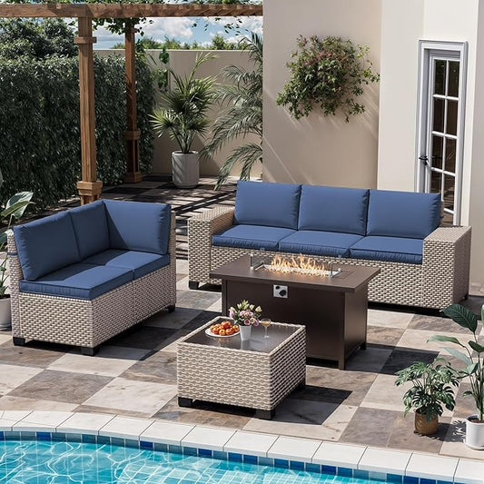 7 Pieces Patio Furniture Set with Propane Fire Pit Table, Outdoor Sectional Wicker Sofa with Cushions and Coffee Table, High Back Rattan Patio Conversation Sets, Navy