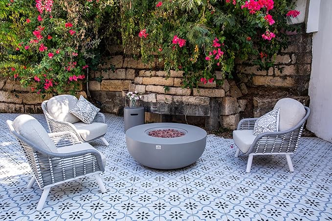 AMS Creations | Eclipse 44" Round Cast Concrete Natural Gas Fire Pit Bowl Table | Light Gray | Smooth Texture Surface | Electronic Ignition | Outdoor Patio Heater Outside Backyard Fireplace