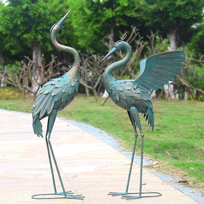 33-37 Inch Metal Crane Garden Statue Décor, Bird Garden Sculpture & Statues, Outdoor Decoration for Yard Patio Lawn Backyard Pool, Vintage Spread Wings Crane, Set of 2