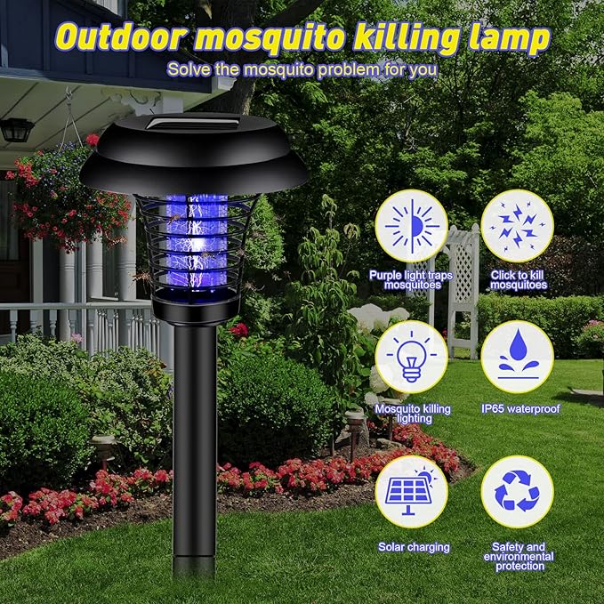 Qualirey 4 Pcs Solar Bug Zapper Waterproof Outdoor Mosquito Zapper Killer and Lighting Repellent Lamp for Indoor Outdoor Use Garden Patio, Purple and White Light(Plastic,Black)