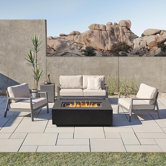 Real Flame Aegean 50in Rectangle Propane or Natural Gas Fire Pit Table, 50,000 BTU, Powder-Coated Steel, Push-Button Ignition, CSA Certified, Lava Rock, Storage Cover, Stainless Steel Burner with Lid