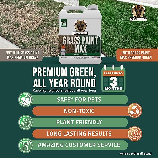 PetraMax Max Grass Paint for Lawn - Maintain Perfect Green Grass, Spray for Lawn & Shrubs Green Spray, Paint Pair with Petra Sprayers - Touch up Dog Spots - Non-Toxic Safe for Pets (Premium, 1 Gal)