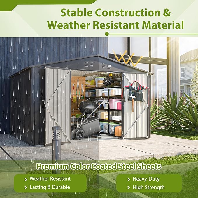 Outdoor Storage Shed, 10X8 FT Galvanized Steel Metal Shed, Lockable Waterproof Tool Storage Sheds for Garden, Patio, Lawn – Durable Storage Solution in Multiple Sizes