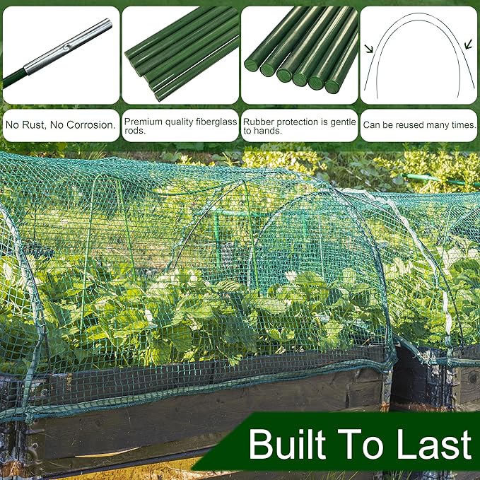 PHYEX Garden Hoops Greenhouse Hoops for Row Covers & Raised Beds, Rust-Free Fiberglass Frame, DIY Adjustable Garden Tunnel with Clips for Plant Covers, Netting, & Frost Protection, 60pcs
