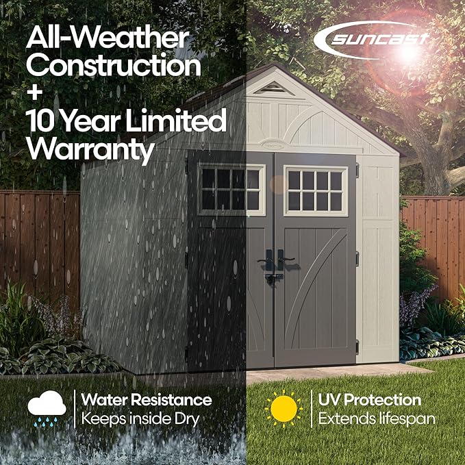 Suncast 8' x 7' Heavy-Duty Resin Tremont Storage Shed with Reinforced Floor, Skylights for Natural Light, Lockable Double Doors, Cream, Made in the USA