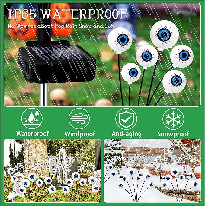 Halloween Decorations Outdoor, 6 Pack 36 LED Solar Scary Eyeball Swaying Lights, Green Solar Firefly Light Waterproof Outdoor Garden Lights for Halloween Yard Garden Lawn Party Flower Bed