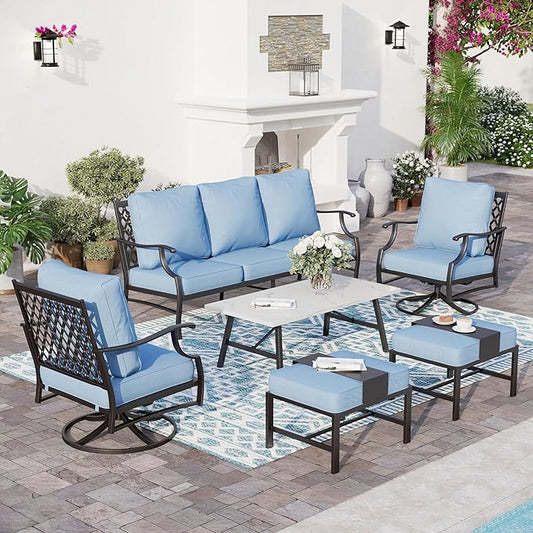 6 Piece Metal Outdoor Patio Furniture Set, Patio Conversation Sets 1 3-seater Sofa, 2 Swivel Chair, 2 Ottomans with 5.75" Thick Cushion and Coffee Table, Black Backyard Furniture, Blue