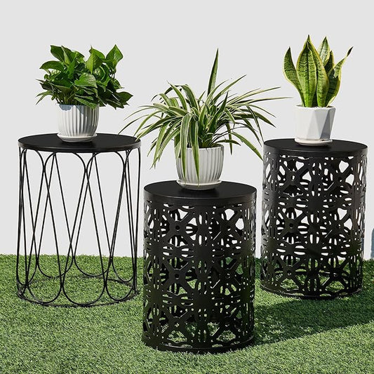 Y&M Set of 3 Garden Black Accent Decorative Stool, Nesting Metal Round Coffee Table, Black End Tables, Heavy Duty Meta Plant Stand Decorative Garden Stool, Outdoor Multifunctional Use