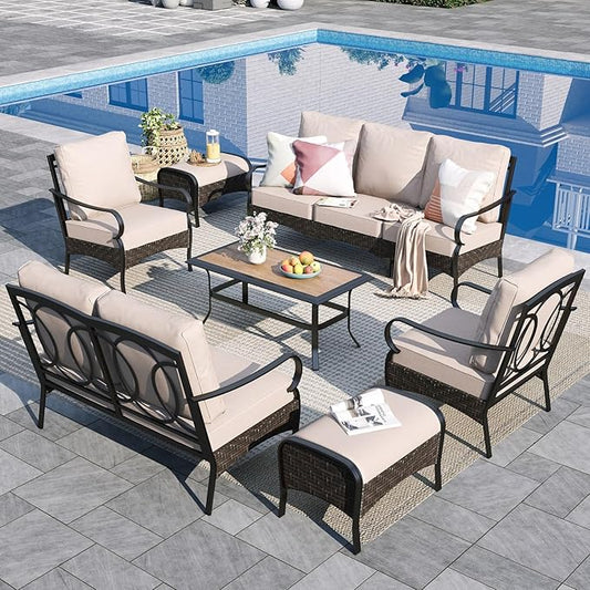Sophia & William Patio Furniture Set, Outdoor Metal Conversation Set 9 Seats with 3-Seater Sofa, 2 Fix Chairs, 1 Loveseat, 2 Ottoman, 1 Coffee Table for Seating, Lawn Porch Backyard,Beige