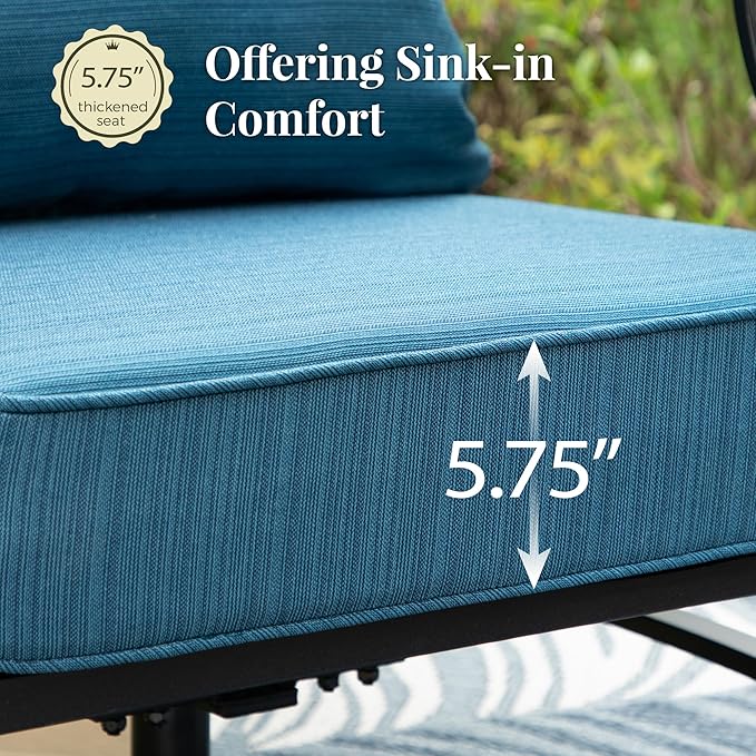 Patio Furniture Set, 4 Pcs Metal Outdoor Conversation Set, 2 Single Chairs and 3 Seater Sofa with 5.75" Extra Thick Cushion and Gas Fire Pit Table for Backyard Deck, Gemstone Blue