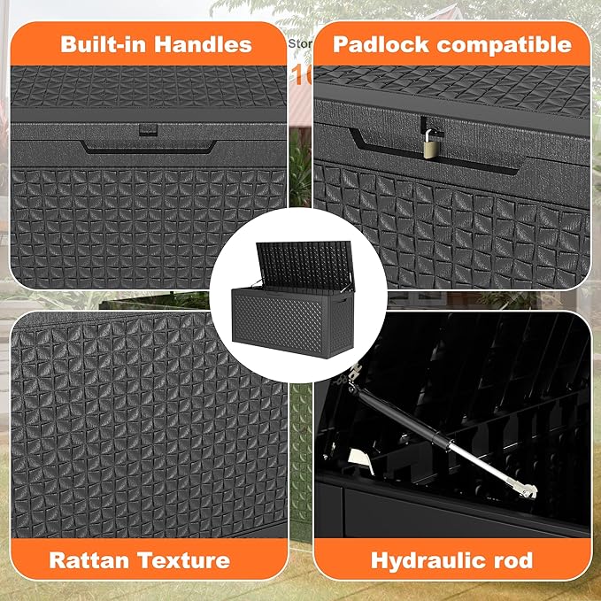 100 Gallon Large Deck Box,Resin Outdoor Storage Box with Lockable for Patio Furniture, Pool Accessories, Garden Tools Waterproof Outside Storage Box, Black Lozenge