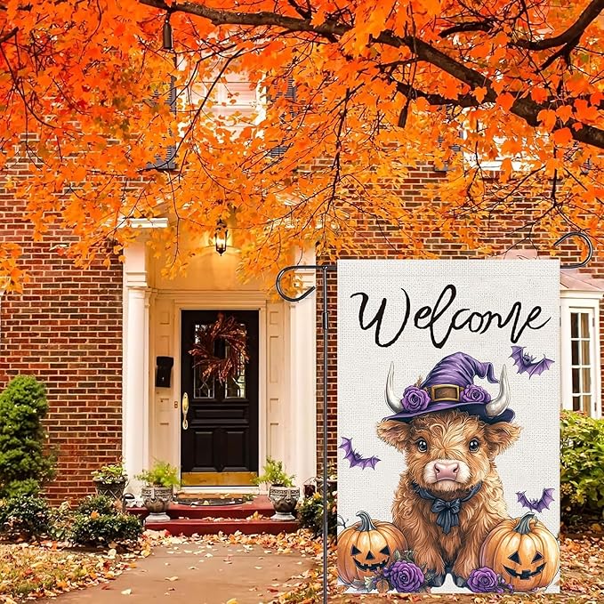 Halloween Highland Cow Garden Flags 12x18 Vertical Double Sided, Welcome Halloween Yard Flag for Outside, Holiday Seasonal Outdoor Decorations for Home