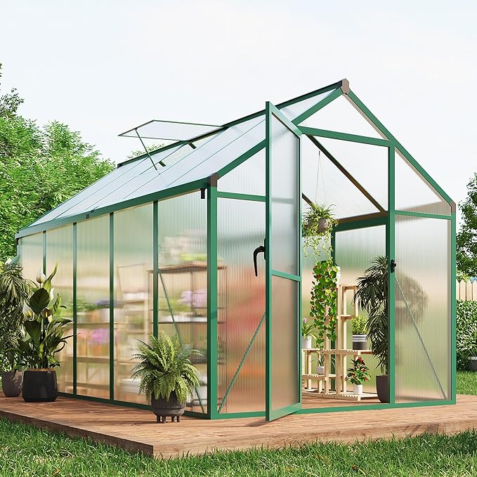 6x10 FT Greenhouse for Outdoors, Polycarbonate Flower Greenhouse with Roof Vent, Push-Pull Lockable Door, Aluminum Walk-in Greenhouses for Outside Garden Backyard, Patio, Lawn, Green