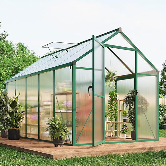 6x10 FT Greenhouse for Outdoors, Polycarbonate Flower Greenhouse with Roof Vent, Push-Pull Lockable Door, Aluminum Walk-in Greenhouses for Outside Garden Backyard, Patio, Lawn, Green