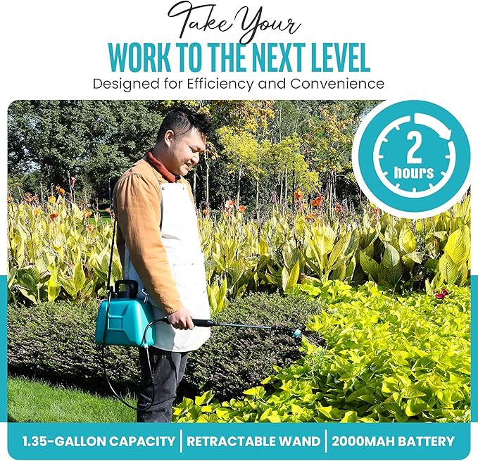 Automatic Battery Powered Sprayer – 1.35 Gal Cordless Electric Sprayer with Zero Pump, Electric Water Sprayer with 3 Nozzles, USB Rechargeable Handle, & Adjustable Shoulder Strap