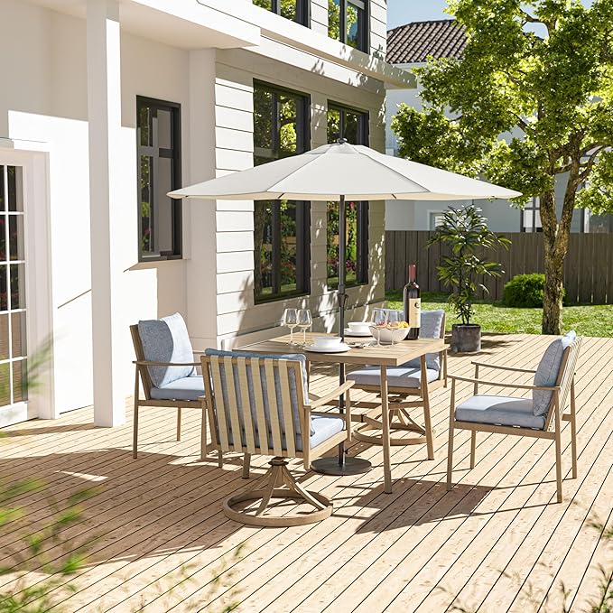 HAPPATIO 5-Piece Outdoor Dining Set for 4, Aluminum Patio Dining Set Includes 1 Large Square Table with Umbrella Hole, 2 Swivel Dining Chairs, and 2 Dining Chairs, for Lawn, Porch, Backyard (Brown)