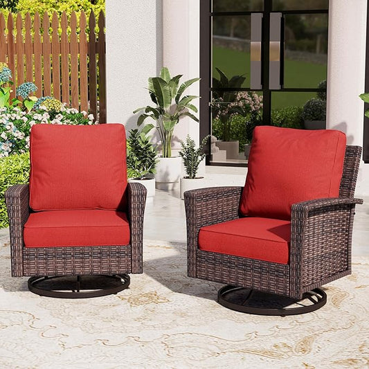Patio Furniture Set of 2, Rattan Wicker Swivel Chairs with 5.5" Thick Cushions and 35" High Back, Oversized Outside Chairs for Balcony Porch Deck, Red