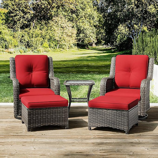 Joyside 5 Piece Outdoor Patio Furniture Set Wicker Conversation Bistro Set Swivel Rocking Chairs with Side Table and Ottomans for Backyard, Porch, Deck(Mixed Grey/Red)