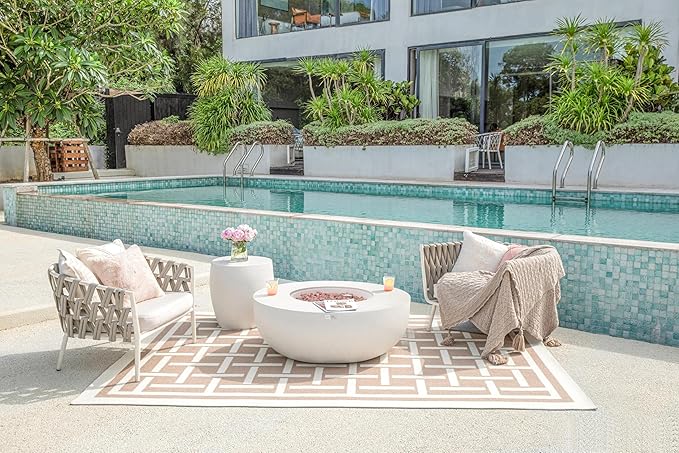 AMS Creations | Eclipse 44" Bundle Round Cast Concrete Natural Gas Fire Pit Bowl Table | Cream White | Smooth Texture Surface | Electronic Ignition | Outdoor Patio Heater Outside Backyard Fireplace