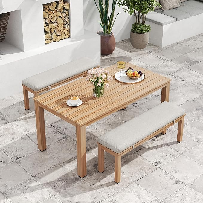 Aluminum Patio Dining Sets, 3 Pieces Patio Table Set, Outdoor Dining Table with 2 Bench, Outdoor Patio Dining Furniture Set with Removable Cushion for Lawn, Garden, Backyard, Brown