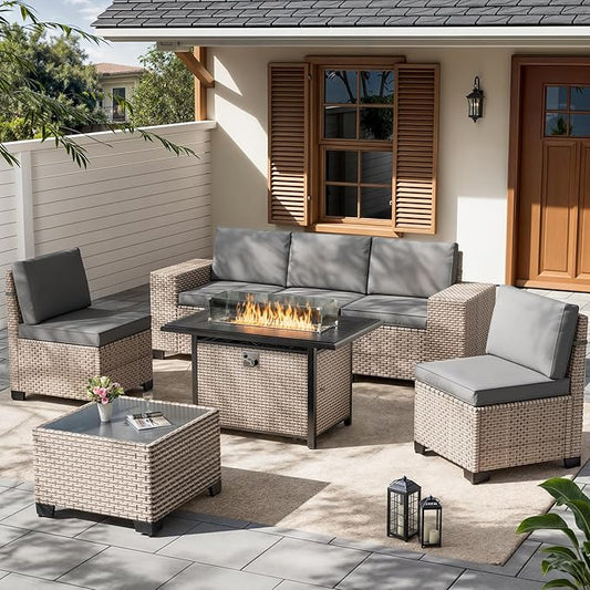 7 Pieces Patio Furniture Set with Fire Pit Table, Outdoor Sectional Wicker Sofa with Thickened Cushions and Coffee Table, High Back Rattan Patio Conversation Sets, Grey