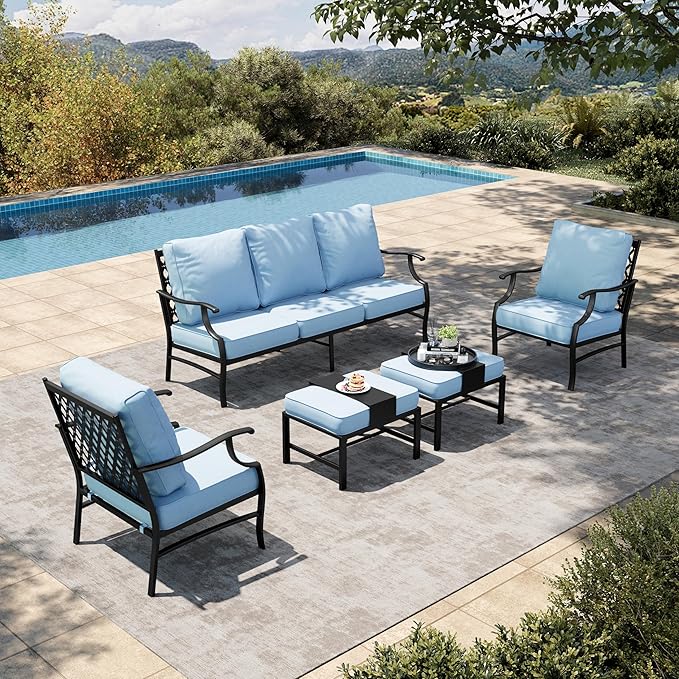 HERA'S HOUSE 5 Piece Patio Furniture Set, 2 x Cushioned Metal Chair, 2 x Ottoman, 1 x 3-Seat Sofa, All Cushioned 7 Seats Outdoor Conversation Set for Lawn Garden Backyard, Blue