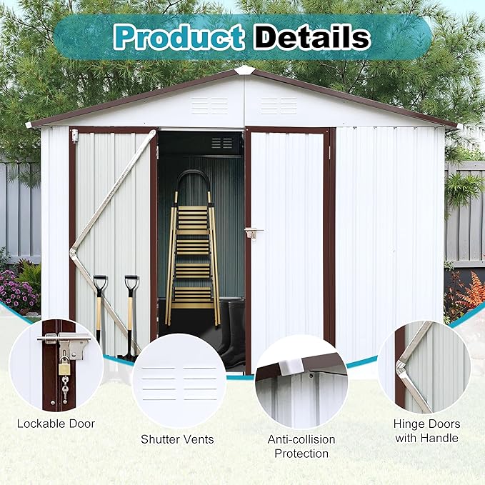 8x10 FT Outdoor Storage Shed, Metal Tool Shed with Lockable Doors, Peaked Roof & Frame Floor, Garden Shed with Vented Design for Backyard Garden Patio Lawn, White+Coffee
