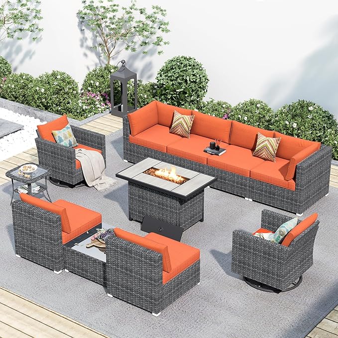 HOOOWOOO 11 Piece Patio Sectional Furniture Set with Fire Pit Table,Modern Wicker Outdoor Conversation Sofa Sets,Weather Resistant Modular L Shaped Outside Couch Swivel Chair Set(Orange Red)