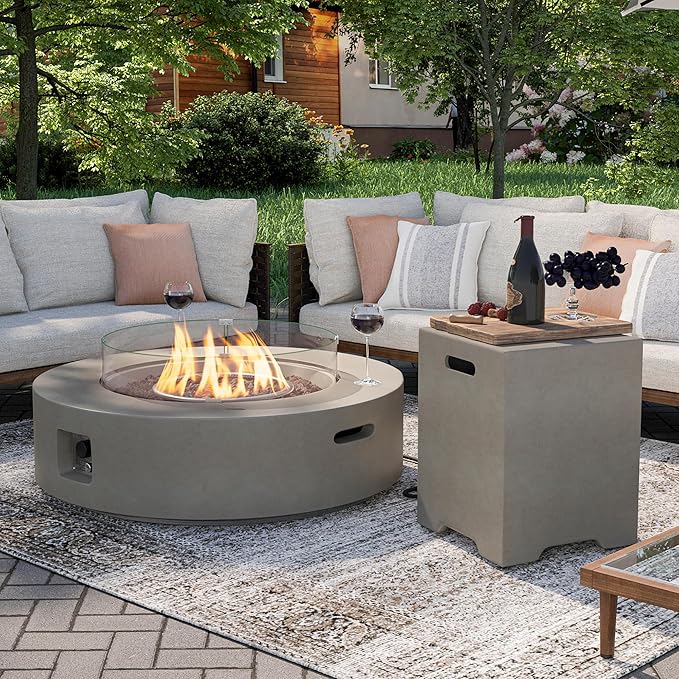 SUNBURY Outdoor Propane Fire Pit, Circular Gray Patio Fire Table 50,000 BTU w 20 Gallon Tank Cover, Glass Wind Guard, Waterproof Cover