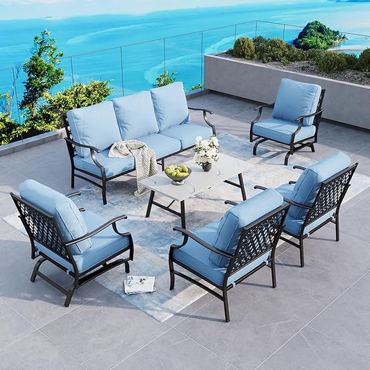 6 Piece Metal Outdoor Patio Furniture Set, Patio Conversation Set 1 3-Seater Sofa, 2 Rocking Chair, 2 Leg Chair with 5.75" Thick Cushion and Coffee Table, Backyard Furniture Set, Blue