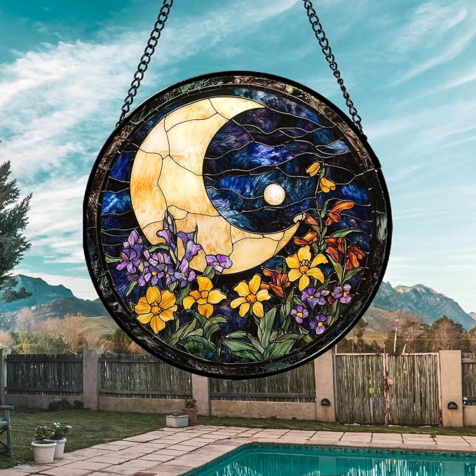 Stained Glass Window Hanging - Blue Night Sky Moon Suncatcher for Door Terrace Garden Home Decor Wildflowers Sun Catcher Birthday Gifts for Lovers Women Men Dad Mom Nana 9.8 in