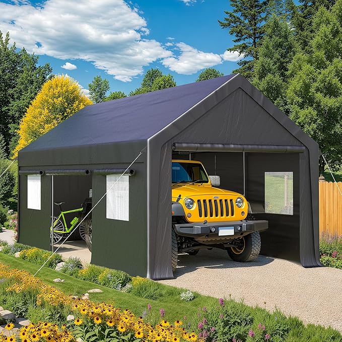 Polar Aurora Carport, 12x20 FT Heavy Duty Carport with Side-Opening Door & Roll-Up Windows, Car Port Canopy, Outdoor Portable Garage for Car, Truck, Boat, Motorcycle