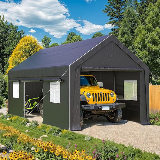 Polar Aurora Carport, 12x20 FT Heavy Duty Carport with Side-Opening Door & Roll-Up Windows, Car Port Canopy, Outdoor Portable Garage for Car, Truck, Boat, Motorcycle