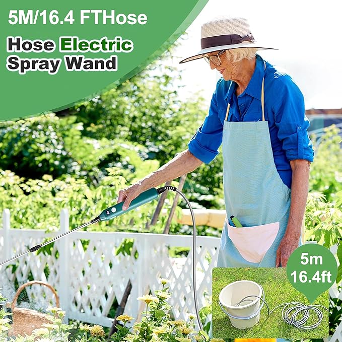 Battery Powered Sprayer Wand,23.6" Electric Sprayer Telescopic Wand with 3 Spray Forces, Battery Indicator, 16.4FT Hose, 3 Mist Nozzles for Lawn and Garden