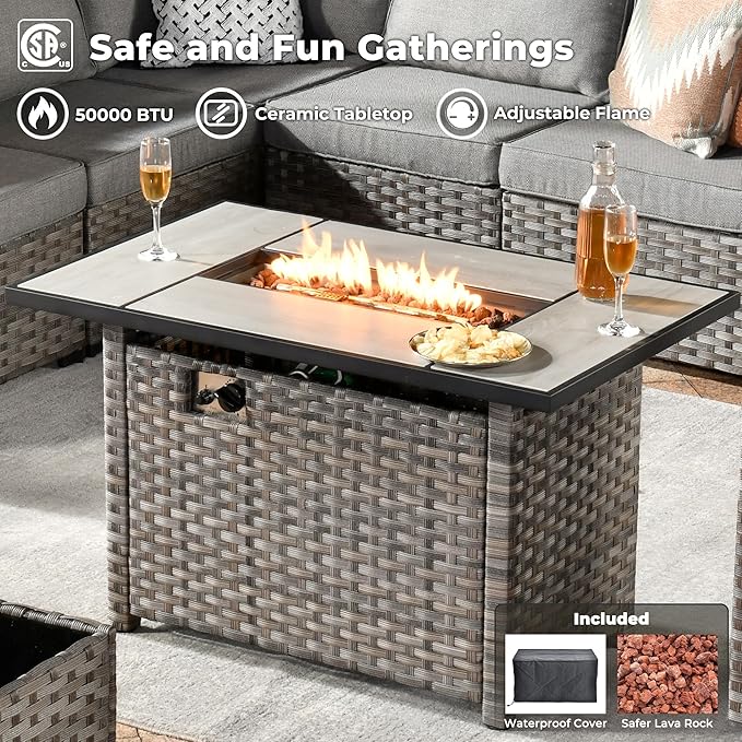 ovios 13 Pieces Patio Furniture Set, Outdoor Wicker Sectional Sofa with 42 Inch Fire Pit Table Comfy Cushions, Modern Modular Deep Seat Rattan Couch Conversation Set, Dark Grey