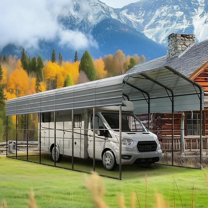 GREEN PARTY 14 x 35 ft Metal RV Carport Kits with Galvanized Steel Roof, Heavy Duty 2 Car Outdoor Car-Shed Canopy, Car Tent Metal Garage Shelter for RV, SUV, Truck, Tractors and Boats, Gray