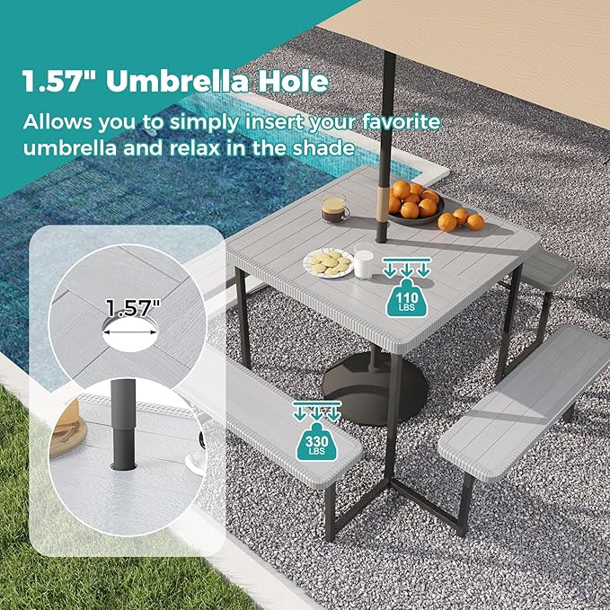 Giantex Picnic Table Bench Set for 4-8 People, 34" Outdoor Square Dining Table & 2 Benches w/Umbrella Hole, HDPE Tabletop, Metal Frame, Patio Camping Furniture for Backyard Porch Lawn (Grey,Square)