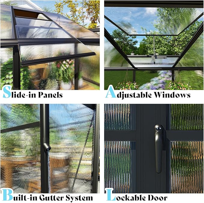 AMERLIFE 8x12x7FT Polycarbonate Greenhouse, Walk in Greenhouse with Quick-Connect System, Green House with 4 Vent Windows and Swing Lockable Door, Greenhouses for Outdoors, Sunroom Black
