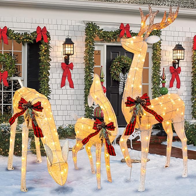 Hourleey 3-Piece Pre-Lit Reindeer Family Set, 3D Plug in 170 Count Warm White Lighted Decoration, Waterproof Outdoor Christmas Deer Decor for Yard, Patio, Lawn, Garden, Party