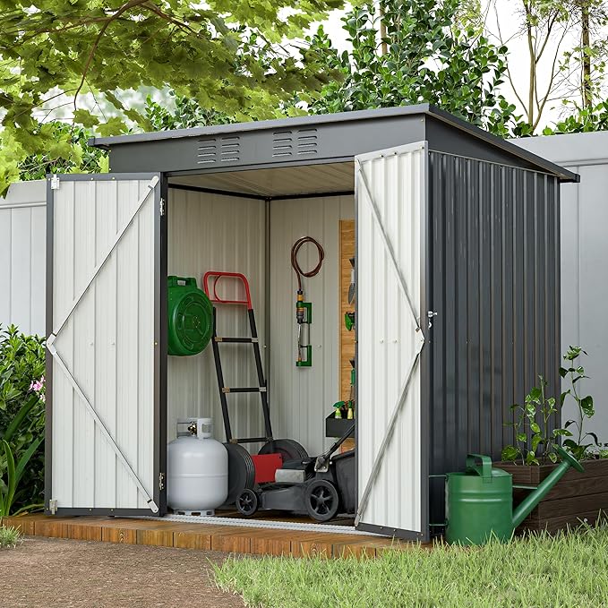 10X8 FT Outdoor Storage Shed, All Weather Metal Sheds with Lockable Doors, Tool Shed for Garden, Patio, Backyard, Lawn (Black with Floor Frame, 6x4 ft)