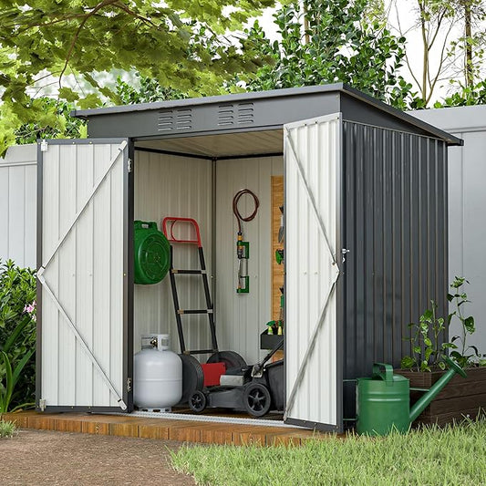 10X8 FT Outdoor Storage Shed, All Weather Metal Sheds with Lockable Doors, Tool Shed for Garden, Patio, Backyard, Lawn (Black with Floor Frame, 6x4 ft)